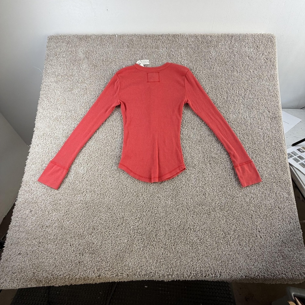 Aerie Shirt Womens Large Red Ribbed Henley Long Sleeve Stretch Knit Basic Top - Picture 4 of 8